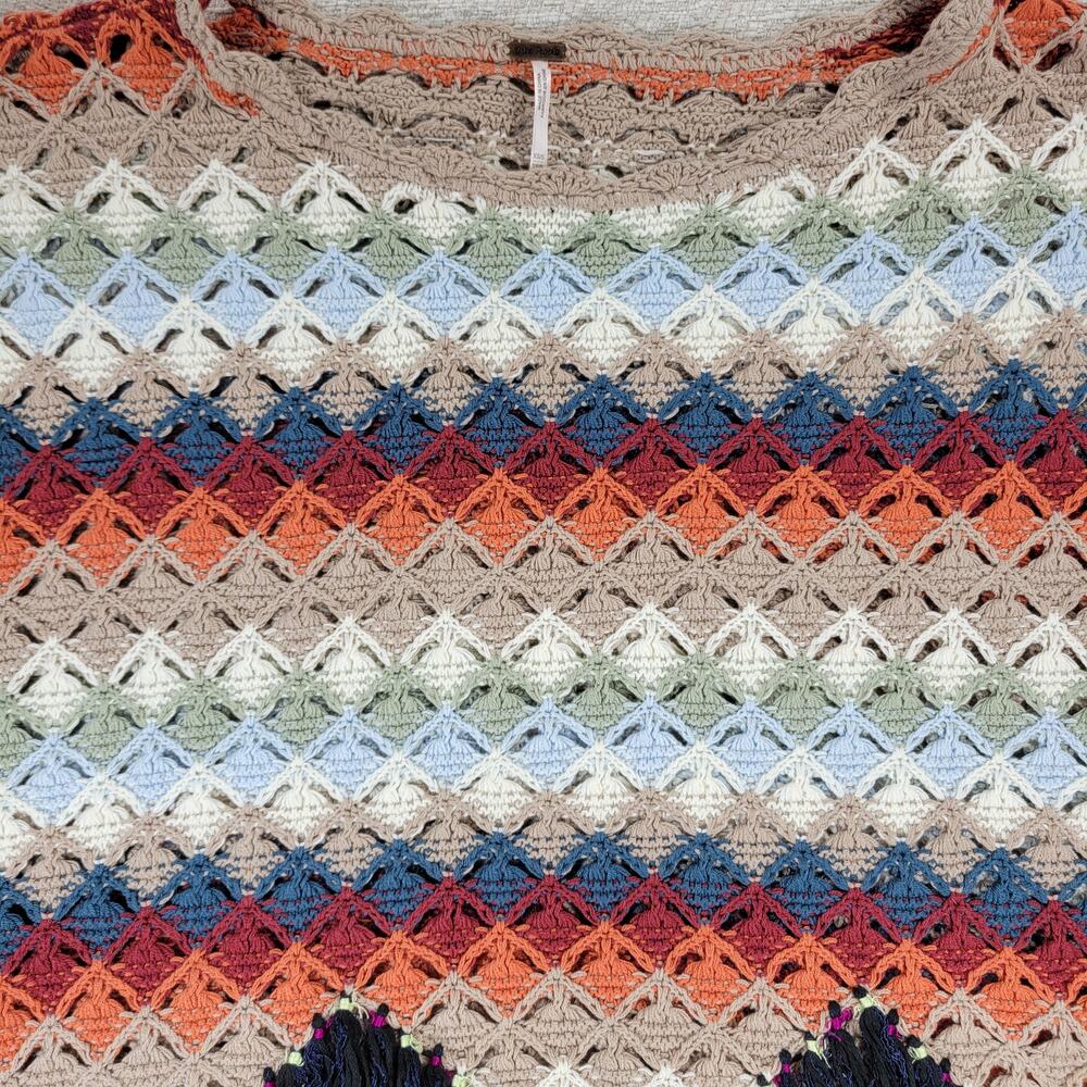 Free People XS Crochet Fringe Sweater Multicolor Boho Chevron Knit Oversized - Picture 7 of 16